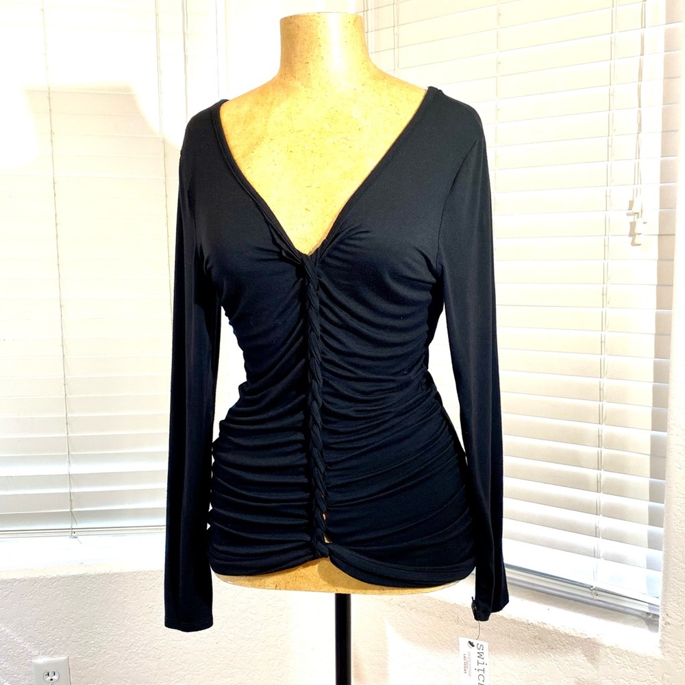 NWT long sleeve black knit blouse top L